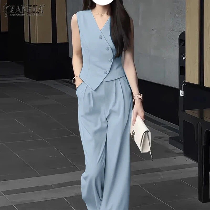 ZANZEA Wide Leg Trouser Solid Pant Sets