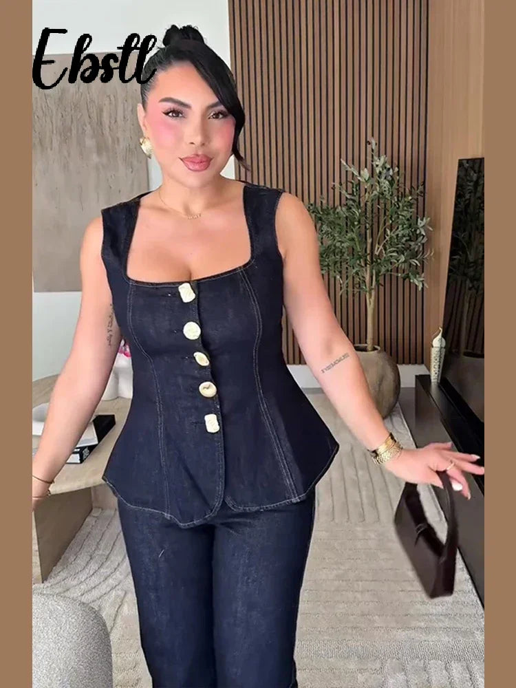 Denim Square Collar Vest Jeans Set