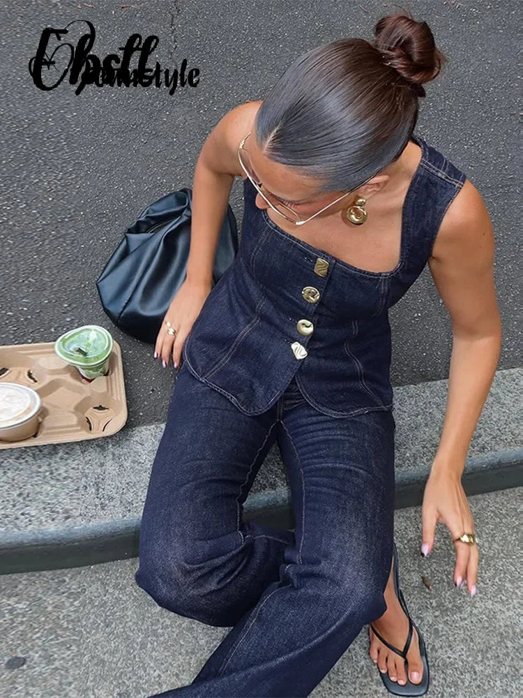 Denim Square Collar Vest Jeans Set