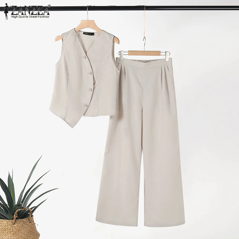 ZANZEA Wide Leg Trouser Solid Pant Sets