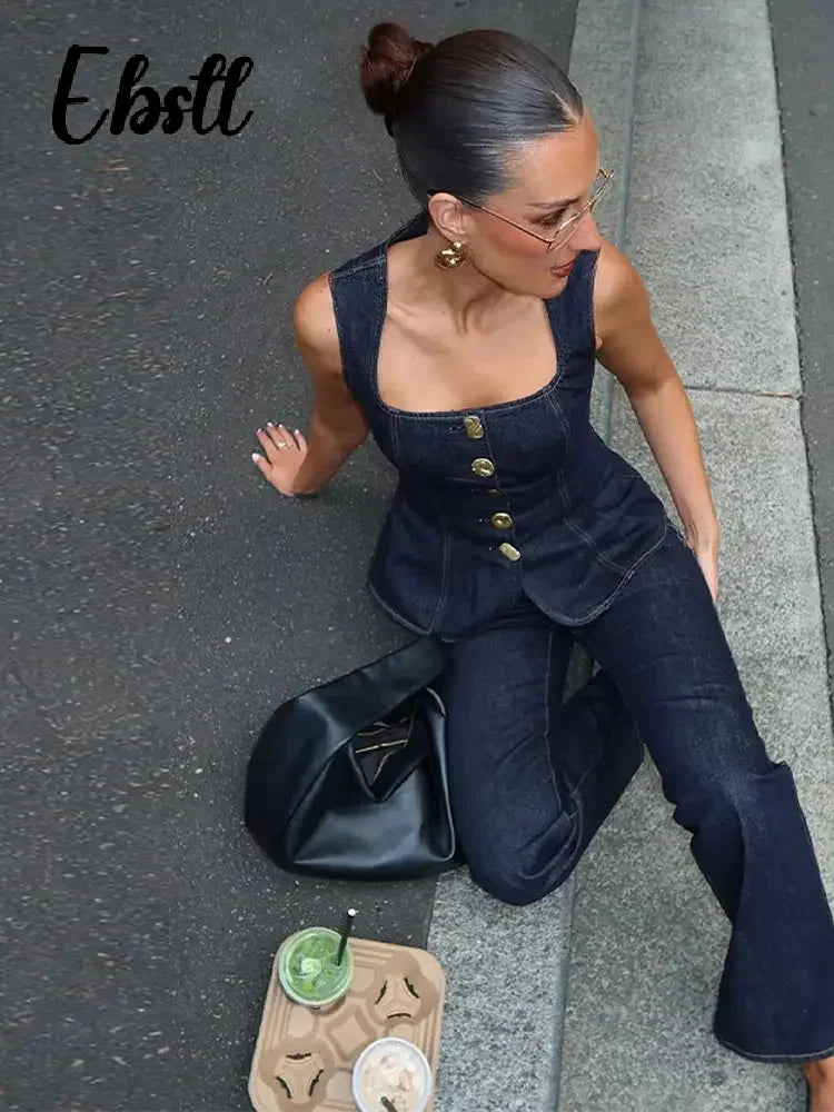 Denim Square Collar Vest Jeans Set