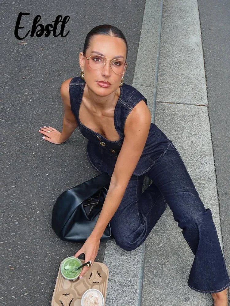 Denim Square Collar Vest Jeans Set