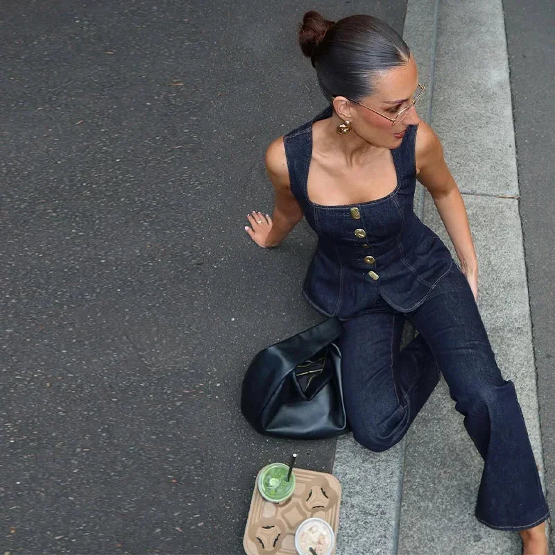 Denim Square Collar Vest Jeans Set