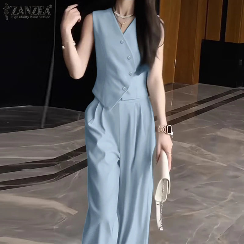 ZANZEA Wide Leg Trouser Solid Pant Sets
