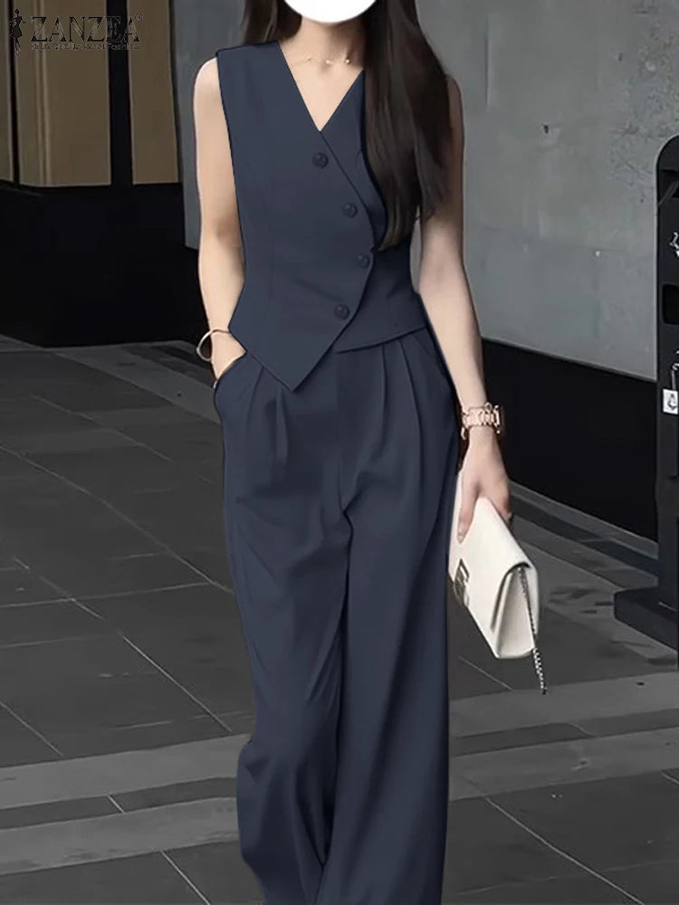 ZANZEA Wide Leg Trouser Solid Pant Sets