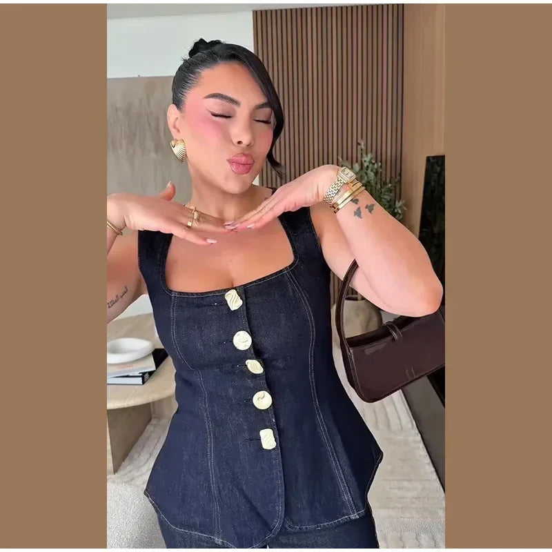 Denim Square Collar Vest Jeans Set