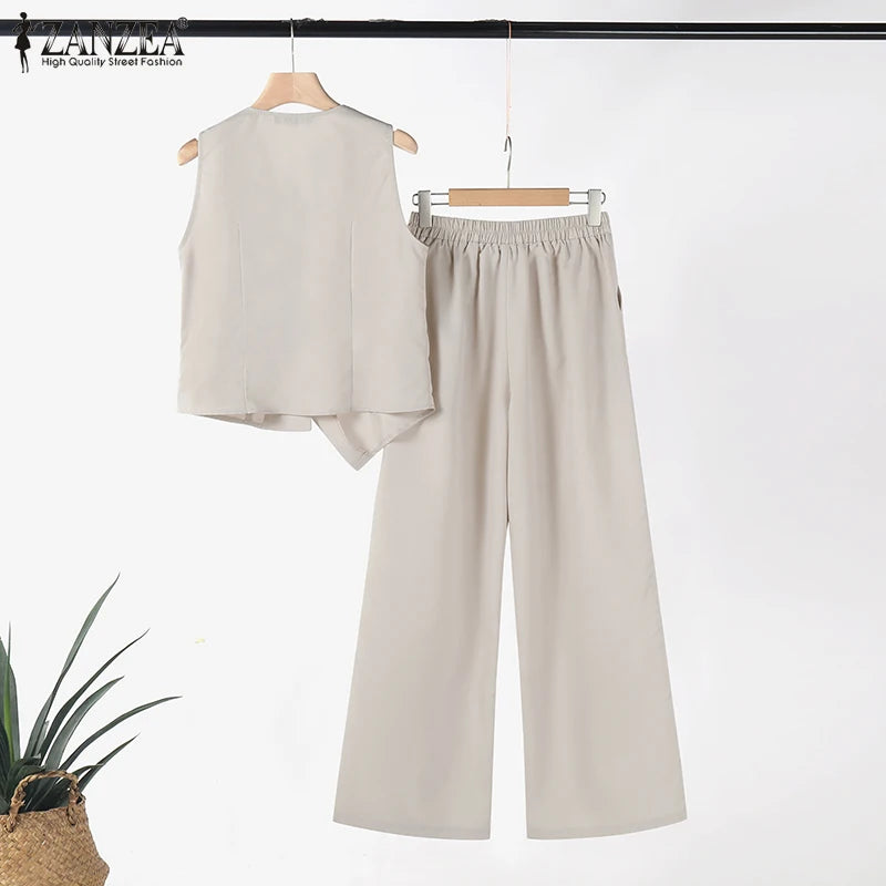 ZANZEA Wide Leg Trouser Solid Pant Sets