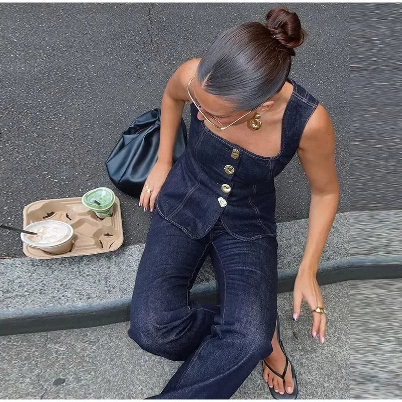 Denim Square Collar Vest Jeans Set