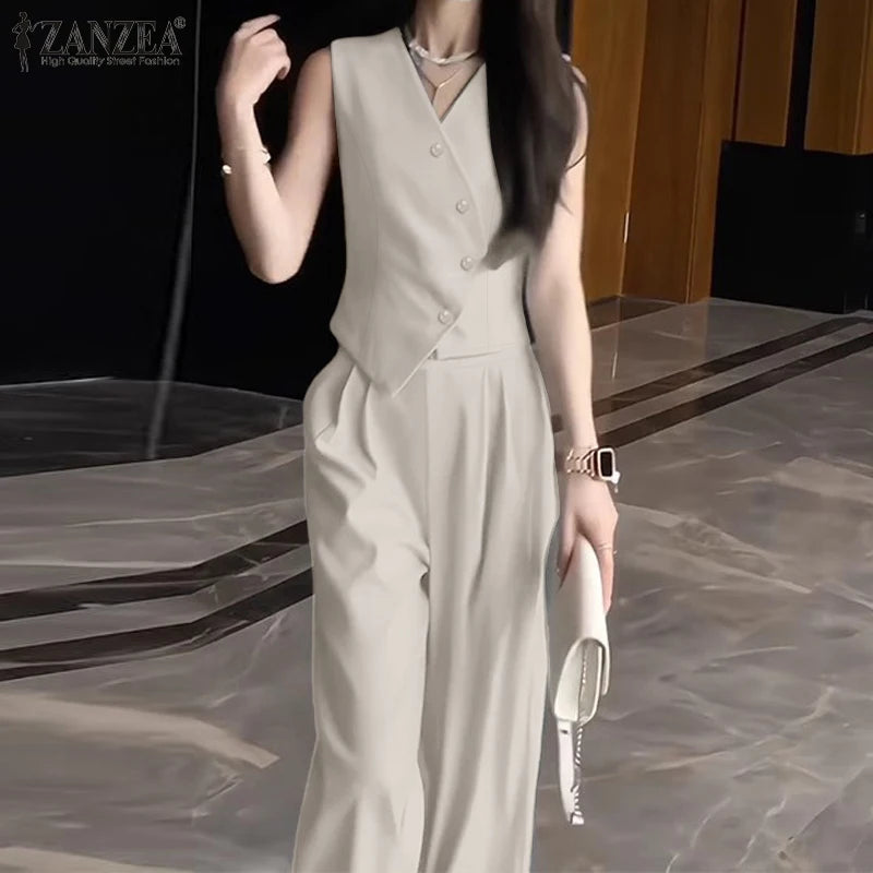 ZANZEA Wide Leg Trouser Solid Pant Sets