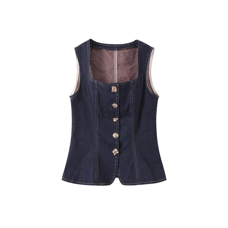 Denim Square Collar Vest Jeans Set
