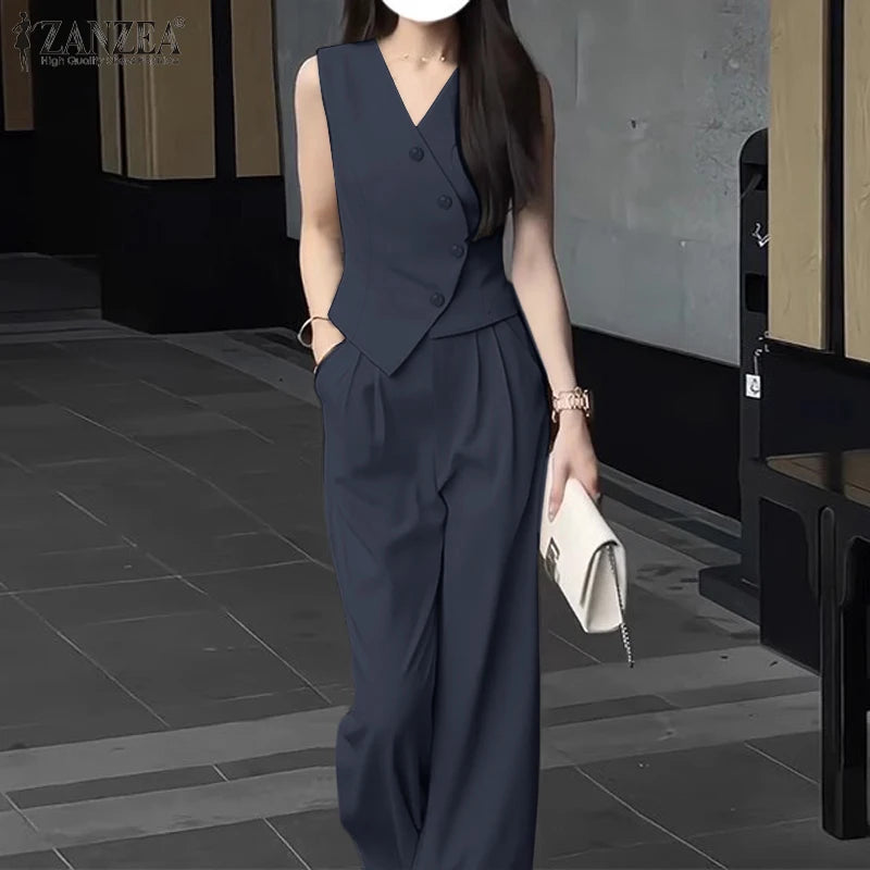 ZANZEA Wide Leg Trouser Solid Pant Sets