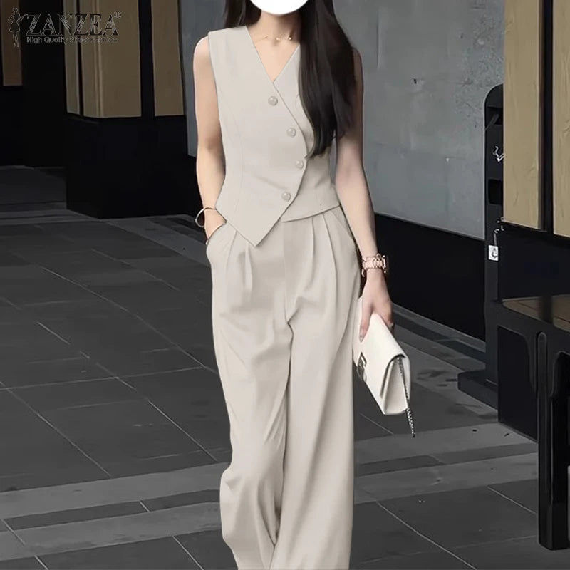 ZANZEA Wide Leg Trouser Solid Pant Sets