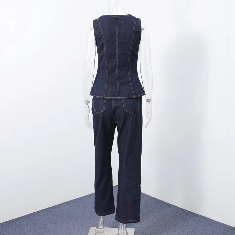 Denim Square Collar Vest Jeans Set