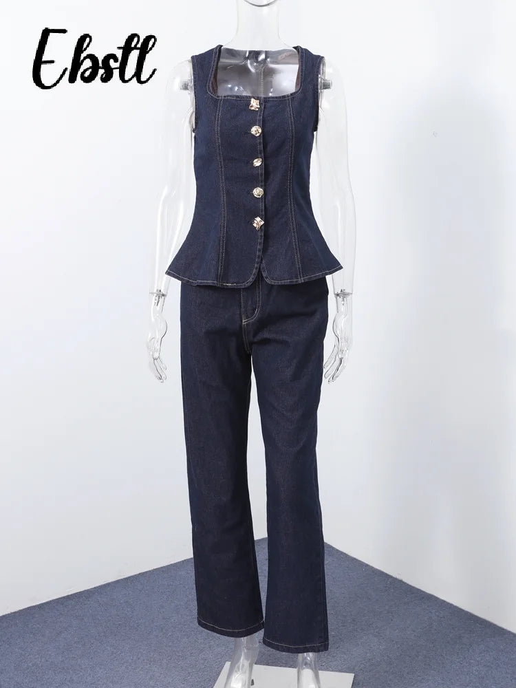 Denim Square Collar Vest Jeans Set