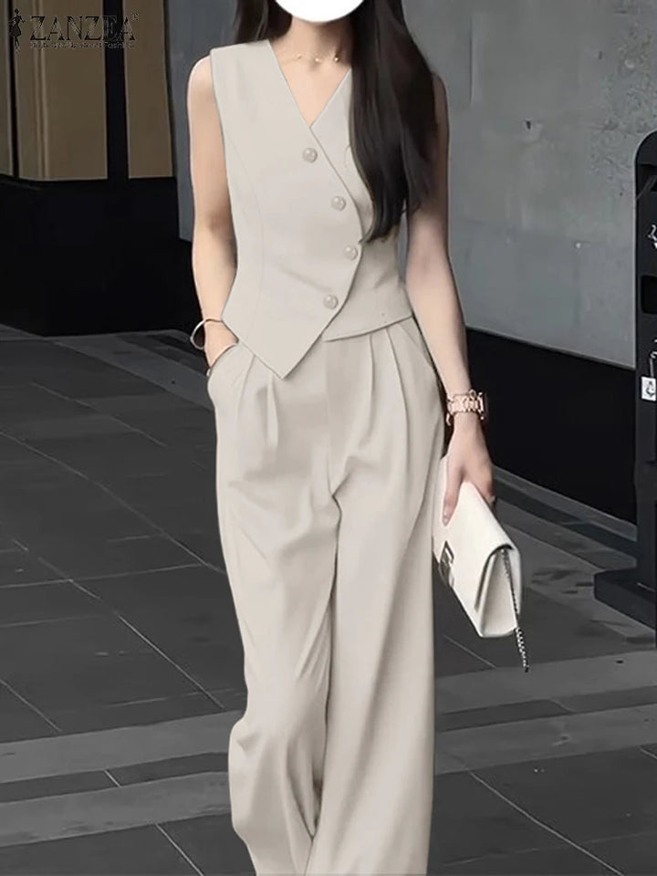 ZANZEA Wide Leg Trouser Solid Pant Sets