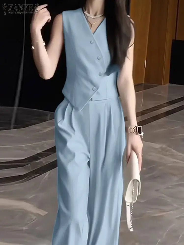 ZANZEA Wide Leg Trouser Solid Pant Sets