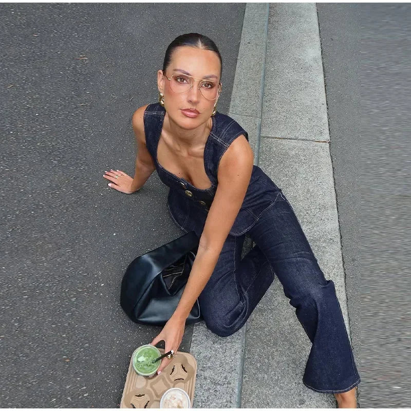 Denim Square Collar Vest Jeans Set