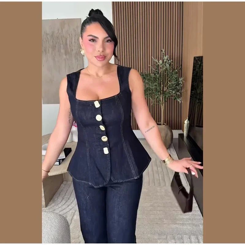Denim Square Collar Vest Jeans Set