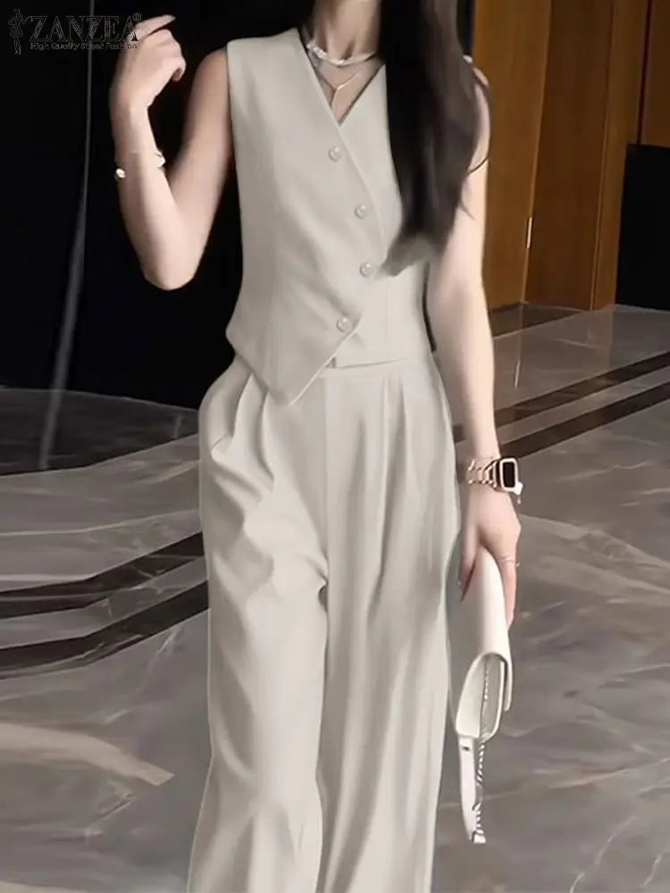 ZANZEA Wide Leg Trouser Solid Pant Sets