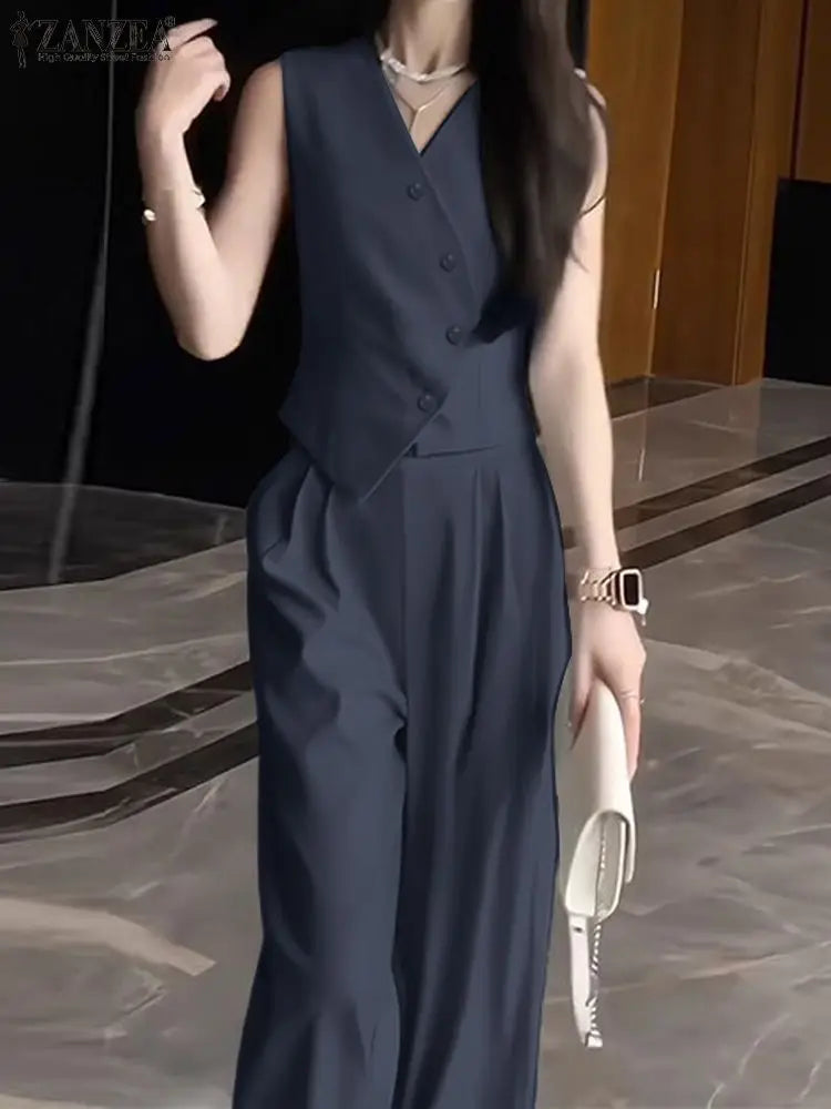 ZANZEA Wide Leg Trouser Solid Pant Sets