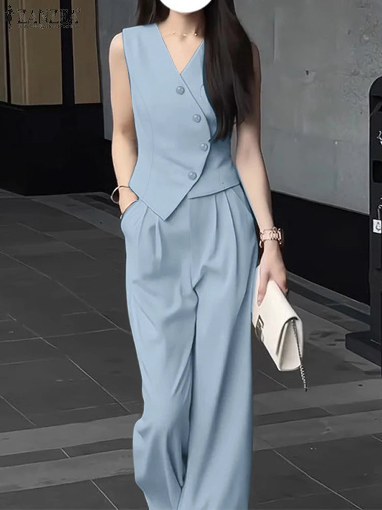 ZANZEA Wide Leg Trouser Solid Pant Sets