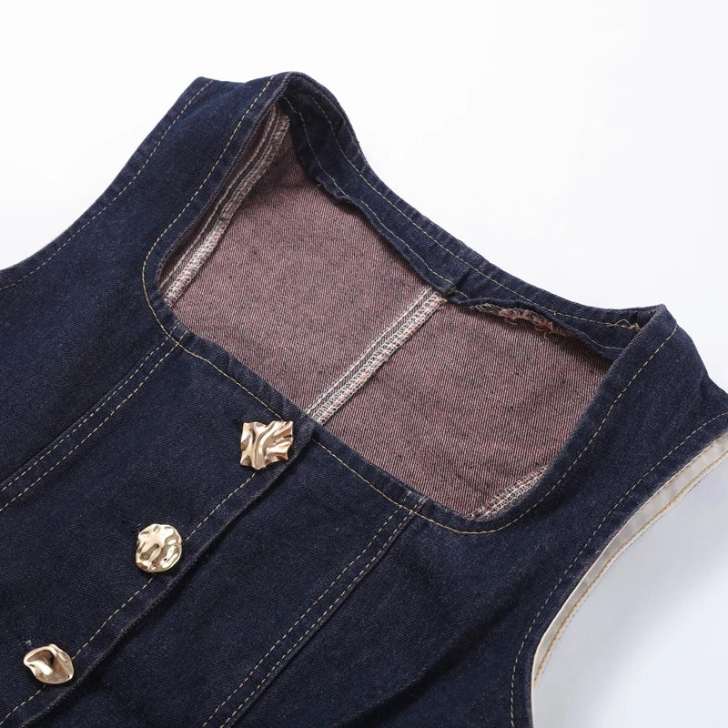 Denim Square Collar Vest Jeans Set