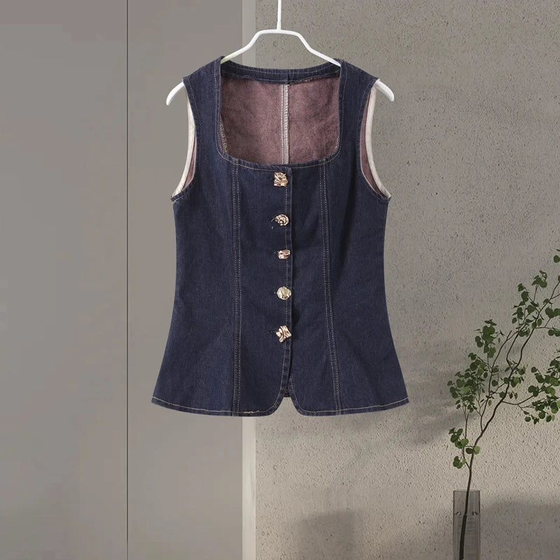 Denim Square Collar Vest Jeans Set