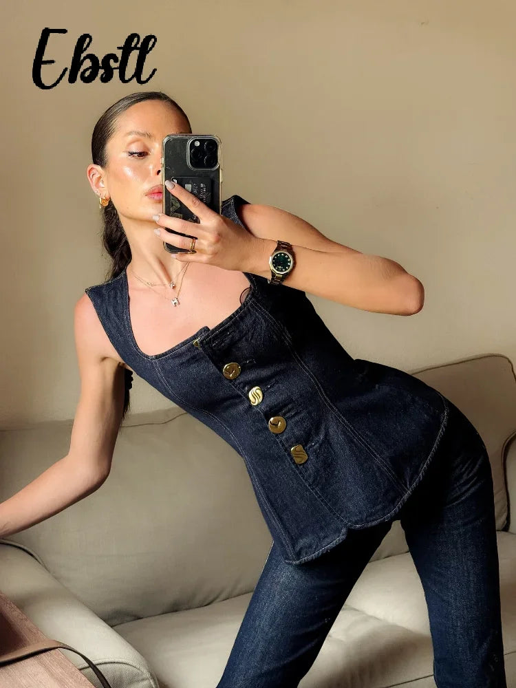 Denim Square Collar Vest Jeans Set