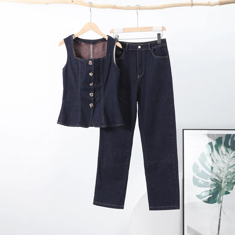 Denim Square Collar Vest Jeans Set