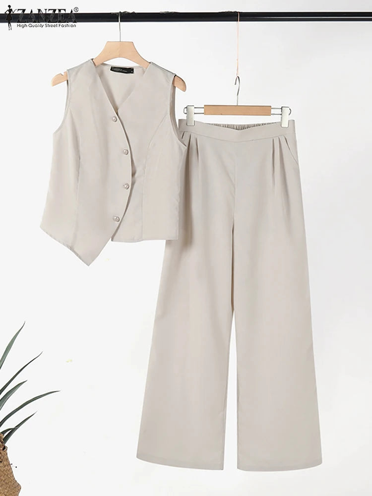 ZANZEA Wide Leg Trouser Solid Pant Sets