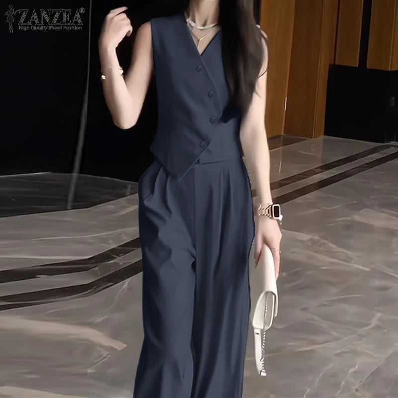 ZANZEA Wide Leg Trouser Solid Pant Sets