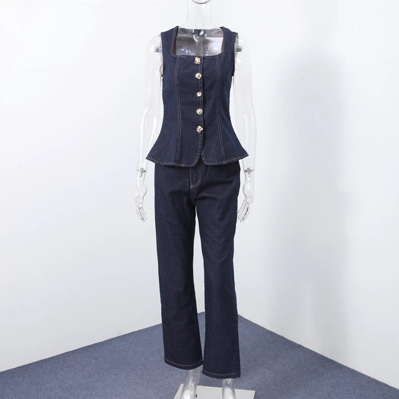 Denim Square Collar Vest Jeans Set